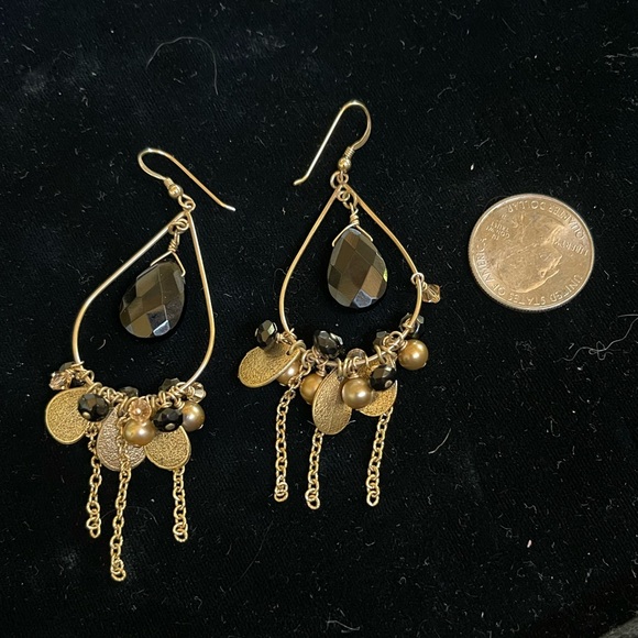 Black Onyx Teardrops Gold color Hoop Earrings with crystals - Picture 1 of 2